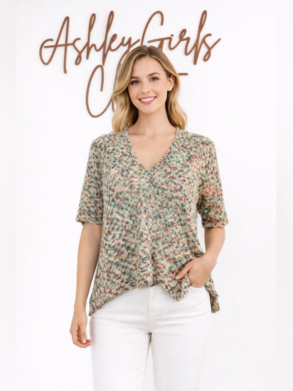 LOFT Multicolor Short-Sleeve V-Neck Crochet Knit Top
